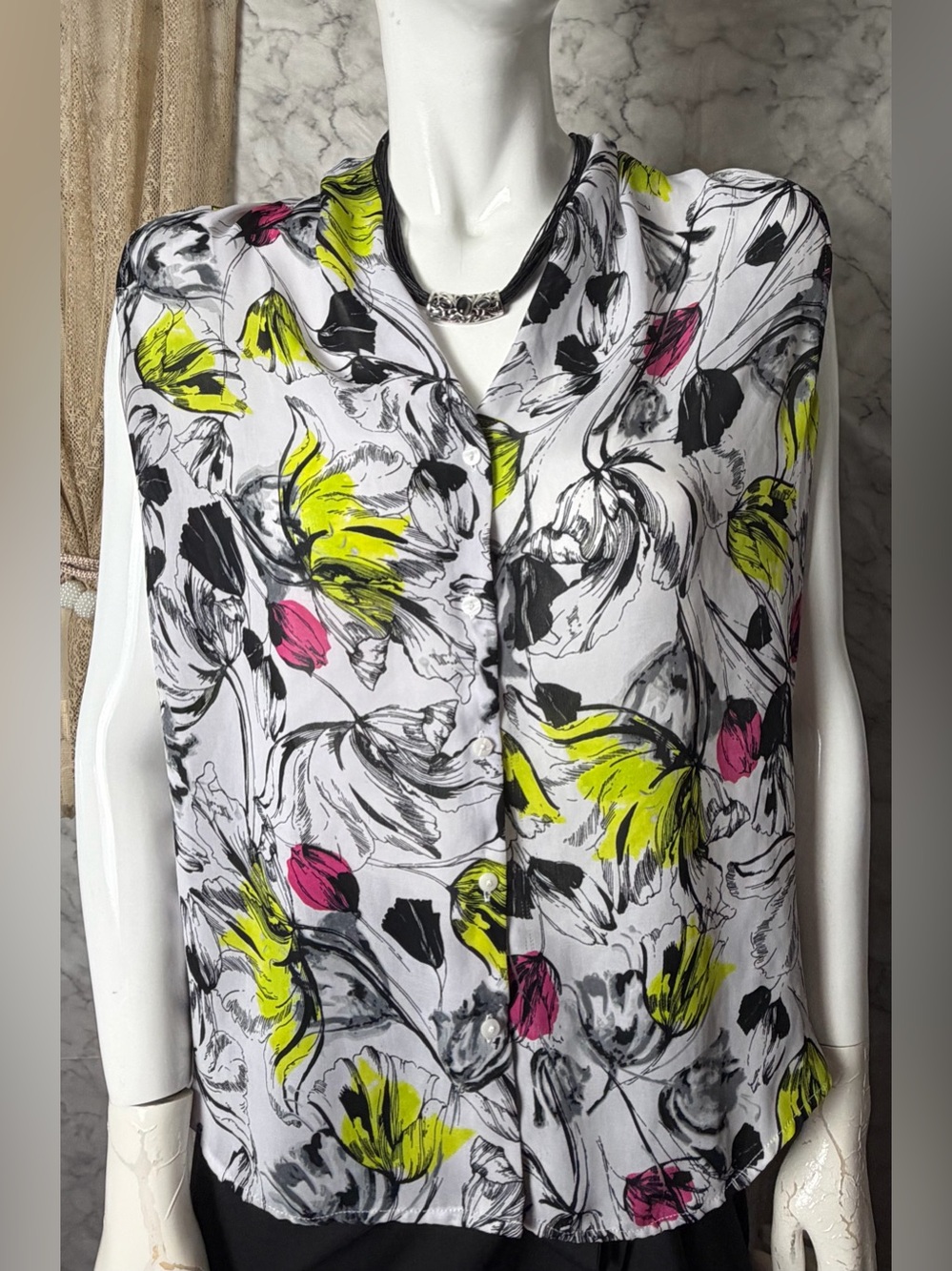 Neon Chartreuse & Fuchsia Modern Floral Flowy High low Blouse XL Sleeveless